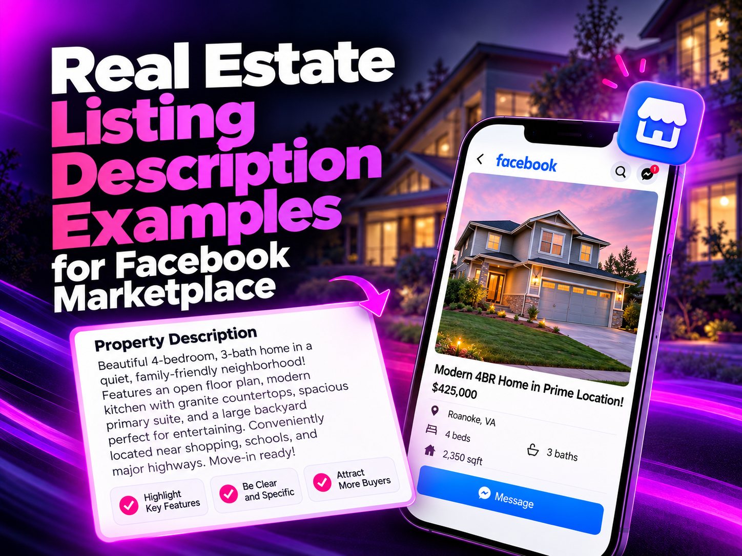 Real estate listing description examples for Facebook Marketplace: a phone showing a Marketplace home listing next to a sample property description