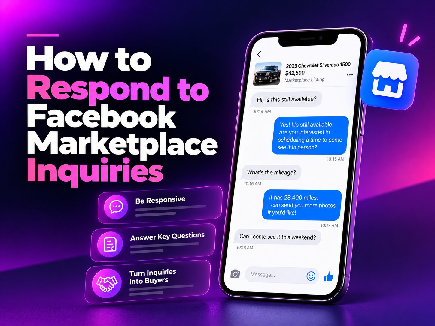How to respond to Facebook Marketplace inquiries: a phone showing a Messenger conversation that starts with 'Is this still available?'