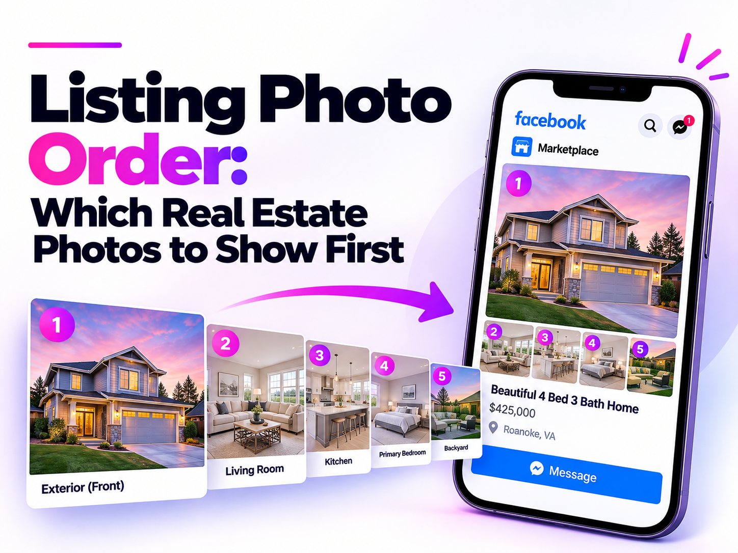 Listing photo order: numbered real estate photos starting with the front exterior, shown in a Facebook Marketplace listing on a phone