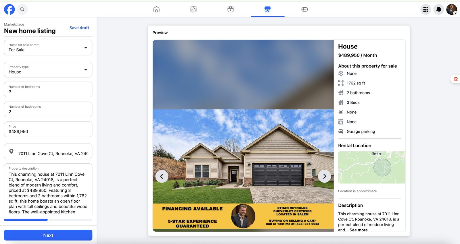 ZillowLister Pro filling out a Facebook Marketplace home listing automatically — 3 bed 2 bath house with photos, price, and description pulled from Zillow
