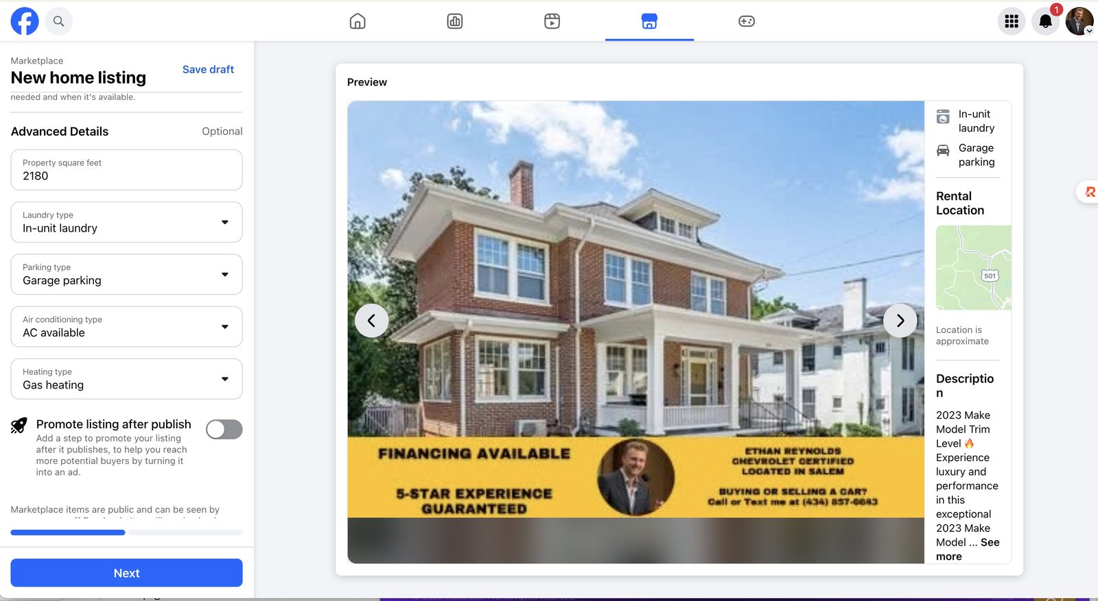 Facebook Marketplace home listing created by ZillowLister Pro: square footage, laundry, parking, AC, and heating fields filled automatically, with a branded agent banner on the listing photo