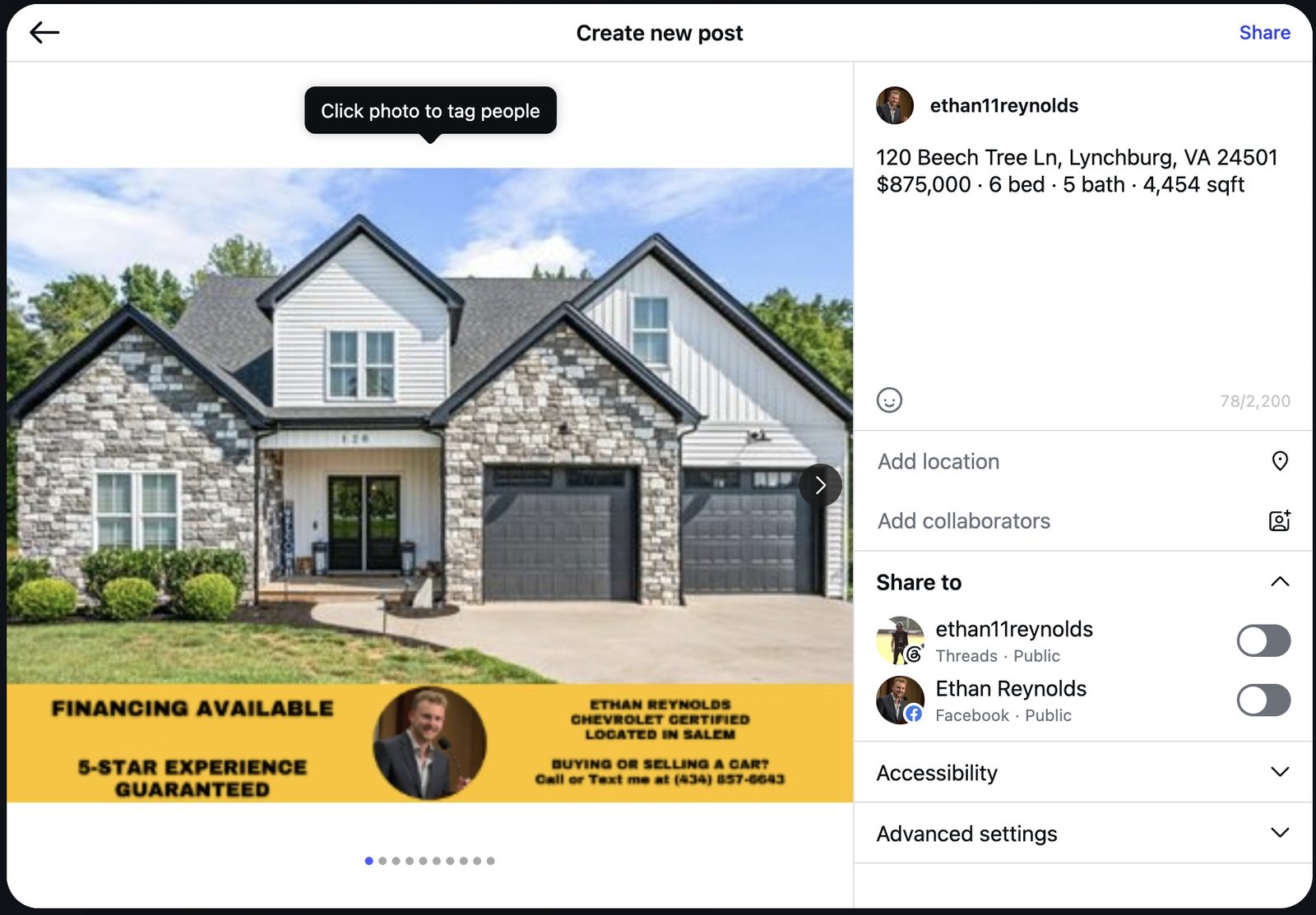 Instagram post created by ZillowLister Pro: a property listing with address, price, beds, baths, and square footage in the caption, branded banner on the photo, and share toggles for Threads and Facebook