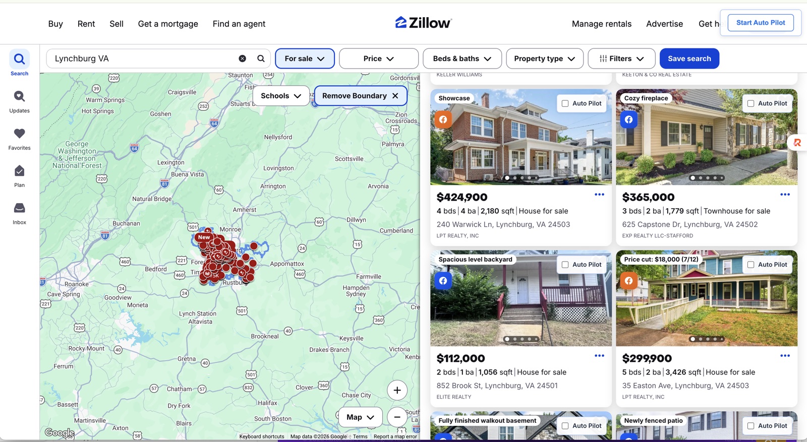 ZillowLister Pro extension on Zillow search results: an Auto Pilot checkbox and a one-click Facebook posting button on every property listing